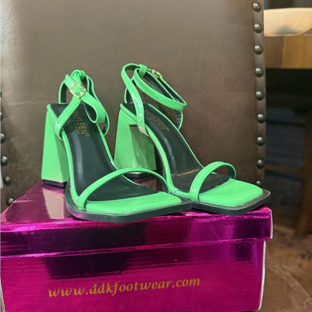 KAYLEEN By Los Angeles Neon Green Block Heel Ankle-Strap Sandals